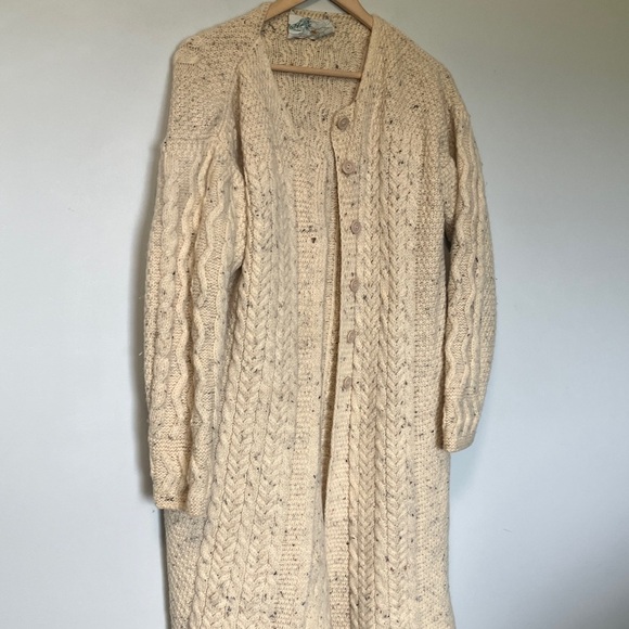 Donegal Knitters 100% Pure New Wool Cream Cable Knit Aran Cardigan Long Sweater - Picture 3 of 8